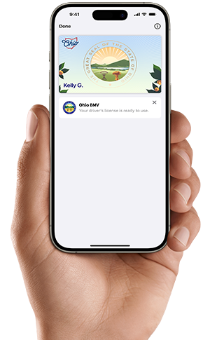 Hand holding iPhone with the Ohio Mobile ID showing on the screen